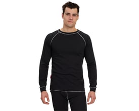Engel termoundertrøje i sort, størrelse M, med lange ærmer og lyse kontrastsømme, vist forfra på en model.