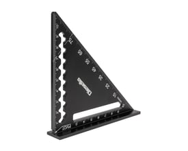 Diesella speedvinkel i aluminium med sort-oxideret finish, 120 x 120 mm, med gradinddeling fra 0-90 grader og "PIVOT" markering.