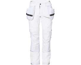 Vinkelbillede af hvid håndværkerbuks Evolve med stretch, fremhæver de mange funktionelle lommer og CORDURA-detaljer.