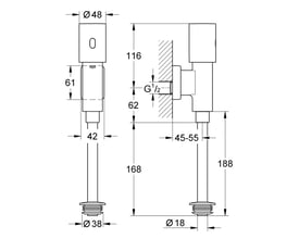Målskitse af Grohe Tectron Rondo urinal elektronik, viser dimensioner for montering og tilslutning med 6V batteri.
