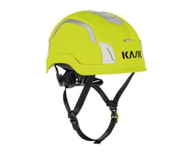 Kask Zenith X Max sikkerhedshjelm i neongul HI-VIZ, set skråt forfra med grå detaljer og sort hagerem.
