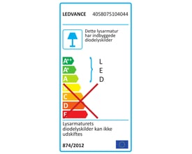 Ledvance energimærke for lysarmatur med indbygget diode, viser klasse A++ og angiver at LED-lyskilden ikke kan udskiftes.