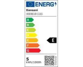 Energimærke for Dansani LED-belysning med energiklasse E, angivende 5 kWh/1000h og Dansani brand.