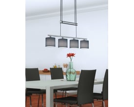 TRIO Lighting Garda pendellampe i grå metal med fire grå lampeskærme, monteret over et hvidt spisebord med sorte stole.