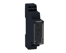 Detaljeret billede af Schneider Electric tidsrelæ RE17RMMWS, viser multifunktionsknapper, tidsindstillinger fra 0,1 sek. til 100 timer.