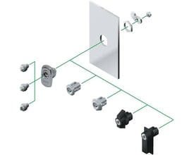 Diagram af Schneider Electric låseindsats med dobbeltap i rustfrit stål, der viser forskellige komponenter og deres forbindelse til en panelplade.