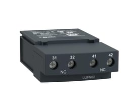 Schneider Electric LUFN02 hjælpekontakt med tydelige NC mærkninger og serienumre på en ensfarvet, lysere grå baggrund.