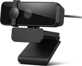 Sort Lenovo Essential FHD Webcam Gen2 med bredt kamerahus, synlig linse, kabel og foldbar skærmklemme.