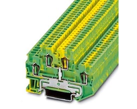 Detaljeret billede af Phoenix Contact ST/STTB jordklemme, viser den integrerede monteringsmekanisme og fjederterminaler.