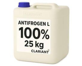 Lys beholder med blå skruelåg og etiketten Antifrogen L, 100 % koncentreret propylenglykol, 25 kg fra Clariant.