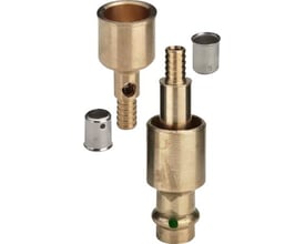 Viega Smartloop tilslutningssæt i messing med d1 28/35 mm og d2 12 mm, samt løse hylstre og studse.