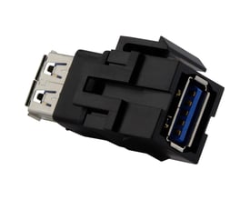 Lauritz Knudsen Merten Keystonemodul USB 3.0 i sort plast med blå USB-port, vist på hvid baggrund.