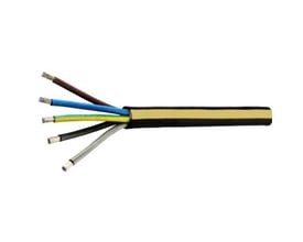 Gummikabel 5G10 Alukaflex 07BN4-AF med fem indre ledere, der skiller sig ud fra den sorte kappe med gul markering.