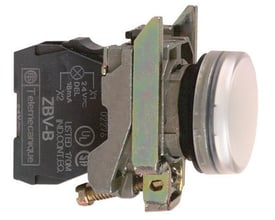 Nærbillede af Schneider Electric Harmony Style 4 trykknap med hvid lampe, 24V AC/DC og 22mm hulmål.