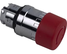 Schneider Electric nødstop rød Ø30 mm tryk-drej med krommetal-hus og rød betjeningsknap på hvid baggrund.