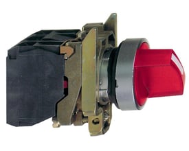 Detaljeret sidevisning af Schneider Electric drejeafbryder XB4BK124B5 med rød knap, monteret på sort kontaktenhed og med metalring.