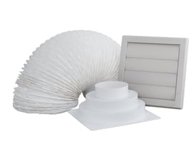 Aftrækssæt til murgennemføring med Ø127mm diameter, bestående af fleksibel hvid slange, universalflange og lamelventil i hvid plast.
