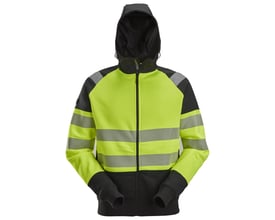 Snickers hi-vis hættetrøje, vist med lynlås lukket og refleksdetaljer, fremstillet i gul og sort materiale.