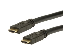 Sort aktivt HDMI kabel med han til han stik på en hvid baggrund, der viser et 10 meter langt signalkabel med forstærker.