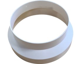 Oversigtsbillede af Thermex reduktion i hvid plast, der viser overgangen fra en bredere 125 mm diameter til en smallere 100 mm diameter.