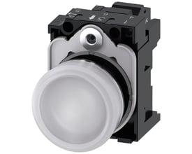 Siemens 22mm signallampe i metal med hvid linse og synlige terminaler på bagsiden. Robust design til industriel brug.