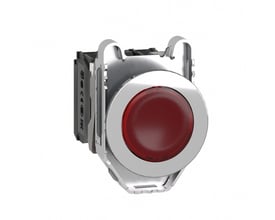 Schneider Electric Harmony XB4/ZB4 rød trykknap med LED, vist bagfra for at vise mærkninger og kontakter.