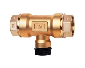 IMI TA 63 x 40 x 63 mm reduceret tee i afzinkningsbestandigt messing med PN16 trykklasse og sort plastskrue.