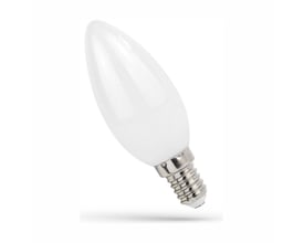 SpectrumLED LED-kertepære med E14-fatning, 5,5 W og 2700 K; den hvide, flammeformede pære ses skråt med synlig gevindfatning.