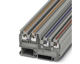 Detaljeret vinkel af Phoenix Contact Ptio 1,5/S/3 klemmer i grå, viser push-in-mekanismen og de farvekodede tilslutningspunkter.