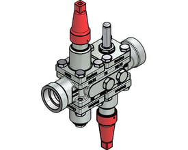 Danfoss ICF 20-4-9 ventilstation med 32mm svejsestuds og stålhus, viser præcisionsudformning og rød hætte-detaljer.