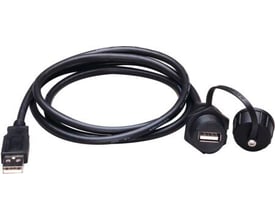 Schneider Electric USB forlængerkabel type A port på 1 meter, sort kabel med beskyttelseshætte til USB-porten.