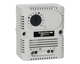 Nærbillede af Schneider Electric ClimaSys termostatens frontpanel med drejeknap og digitale markeringer fra 0 til 60 grader Celsius.