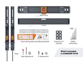 Alle dele af Vogel's TVM 3415 Comfort vægbeslag, inklusiv strips, skruer, manual og beslag.