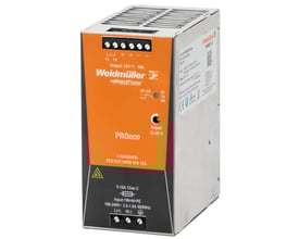 Weidmüller Pro Eco strømforsyning 240W 48VDC 5A, med tydelig mærkning af input og output specifikationer på orange frontpanel.