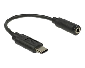 Sort DeLock-audioadapter med USB-C-hanstik og 3,5 mm stereojack-hunstik, vist med hele det 14 cm lange kabel.