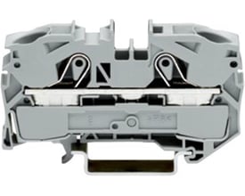 Detaljebillede af Wago 16mm² gennemgangsklemme, der viser den interne fjeder og 2-leder push-in tilslutning.
