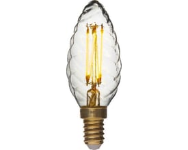 Dæmpbar LED krystalkerte med E14 sokkel, 2,5W, 2200K og klar, snoet glasdesign.