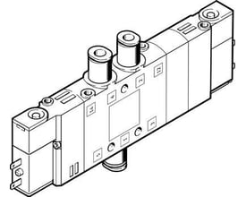 Festo solenoidventil CPE14-M1BH-5/3E-QS-6 illustreret med linjetegning, der viser dens kompakte design og pneumatiske tilslutninger.