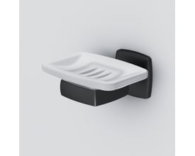 AM.PM Gem Glass sæbeskål i mat sort med hvid indsats, vist fra siden på en grå baggrund.