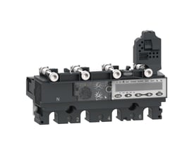 Schneider Electric Micrologic 6.2 E relæ med 4 poler og 250A mærkestrøm, vist fra siden med tydeligt display og justeringsknapper.