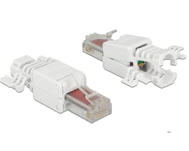 Hvidt værktøjsfrit DeLock RJ45-stik til Cat. 6 UTP, vist fra to vinkler med den gennemsigtige stikende synlig.