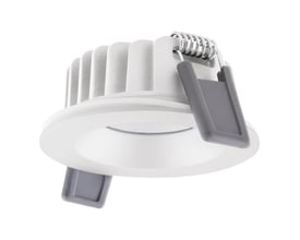 Tæt på et rundt, hvidt Ledvance indbygningsspot med 68 mm diameter og grå klemmer, klar til installation.
