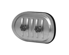 Lindab inspektionslem Safe IPLR 200mm rør, vist med siden mod beskueren, med synlig neopren tætningsliste og grå plastgreb.