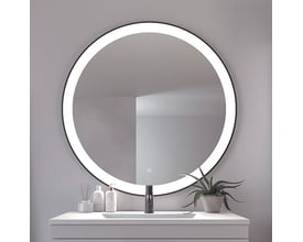 Libra rundt spejl med lys, Ø100 cm, med slank sort ramme og varm hvid lyskant.