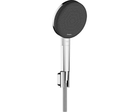 Hansgrohe Raindance Alive Select S bruserhoved i krom med grafitsort stråleskive og tekstilbruseslange.