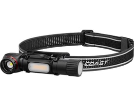 Coast TXM55R genopladelig pandelampe med 1500 lumen, viser et bredt sort pandebånd med reflekser og et robust aluminiumslygtehoved.