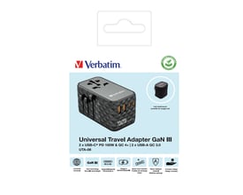 Emballagegrafik med Verbatim UTA-06 universel GaN III-rejseadapter, USB-porte og medfølgende rejseetui.