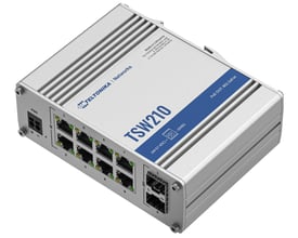 Teltonika TSW210 industriel switch med 8 RJ45 porte og 2 SFP porte, fremstillet i metal med køleribber.