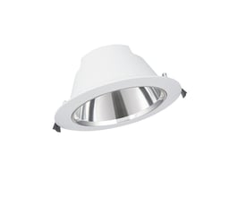 Ledvance Downlight Comfort 205 hvid indbygningsspot set fra en anden vinkel, viser dens runde form og metalliske reflektor.