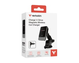 Verbatim Charge 'n' Drive Magnetic Wireless Car Charger emballage med billede af oplader monteret i bil.